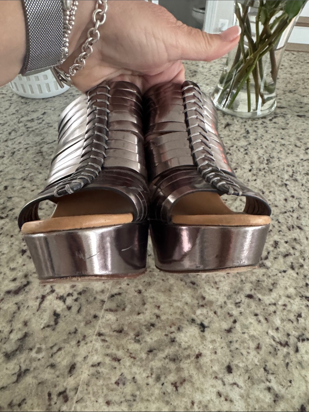 COACH Bristol Women's Silver/Chrome Metallic Strappy Slide Wedges SZ 6.5 - Picture 8 of 10